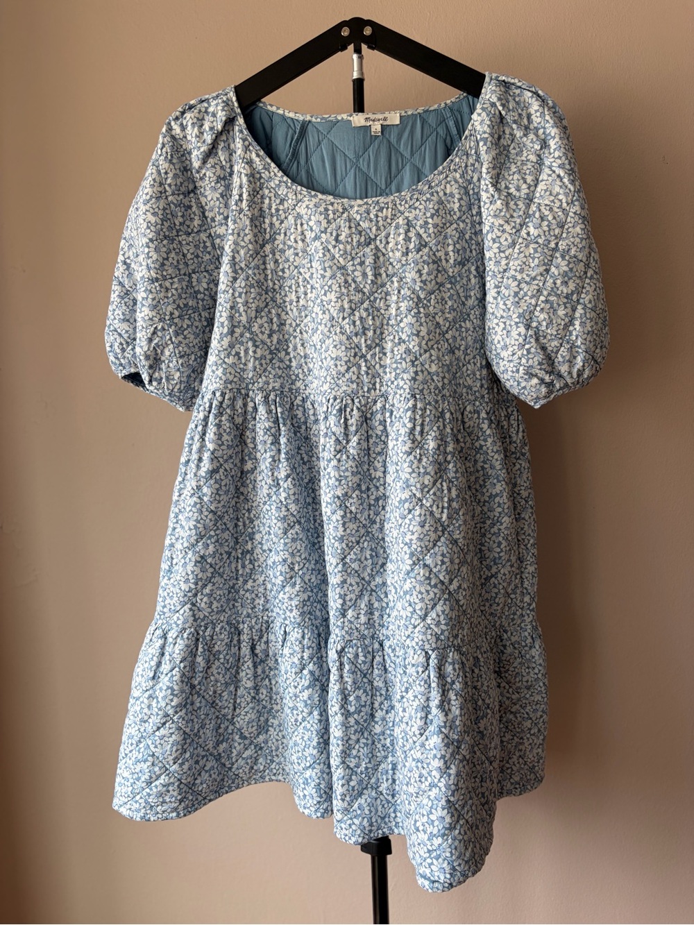 Madewell Quilted Puff Sleeve Blue and White Mini Dress Size Small